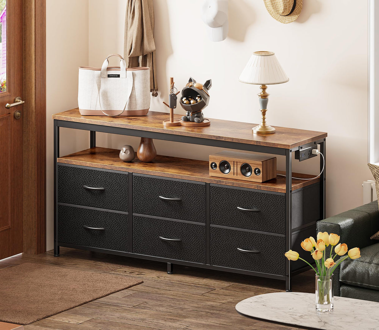 Huuger LED TV Stand for Bedroom, 47 Inch Dresser with Power Outlets, Entertainment Center for 55, 50, 43 Inch TV, 6 Drawer Dresser for Bedroom, Chest of Drawers with Shlef, PU Leather, Rustic Brown Huuger