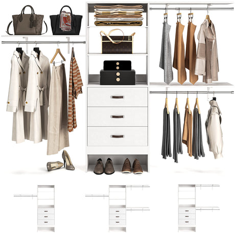 Armocity 96 Inches Closet System, 8FT Walk In Closet Organizer with 3 Shelving Towers, Heavy Duty Clothes Rack with 3 Drawers, Built-In Garment Rack, 96" L x 16" W x 75" H, Max Load 1000 LBS, White armocity
