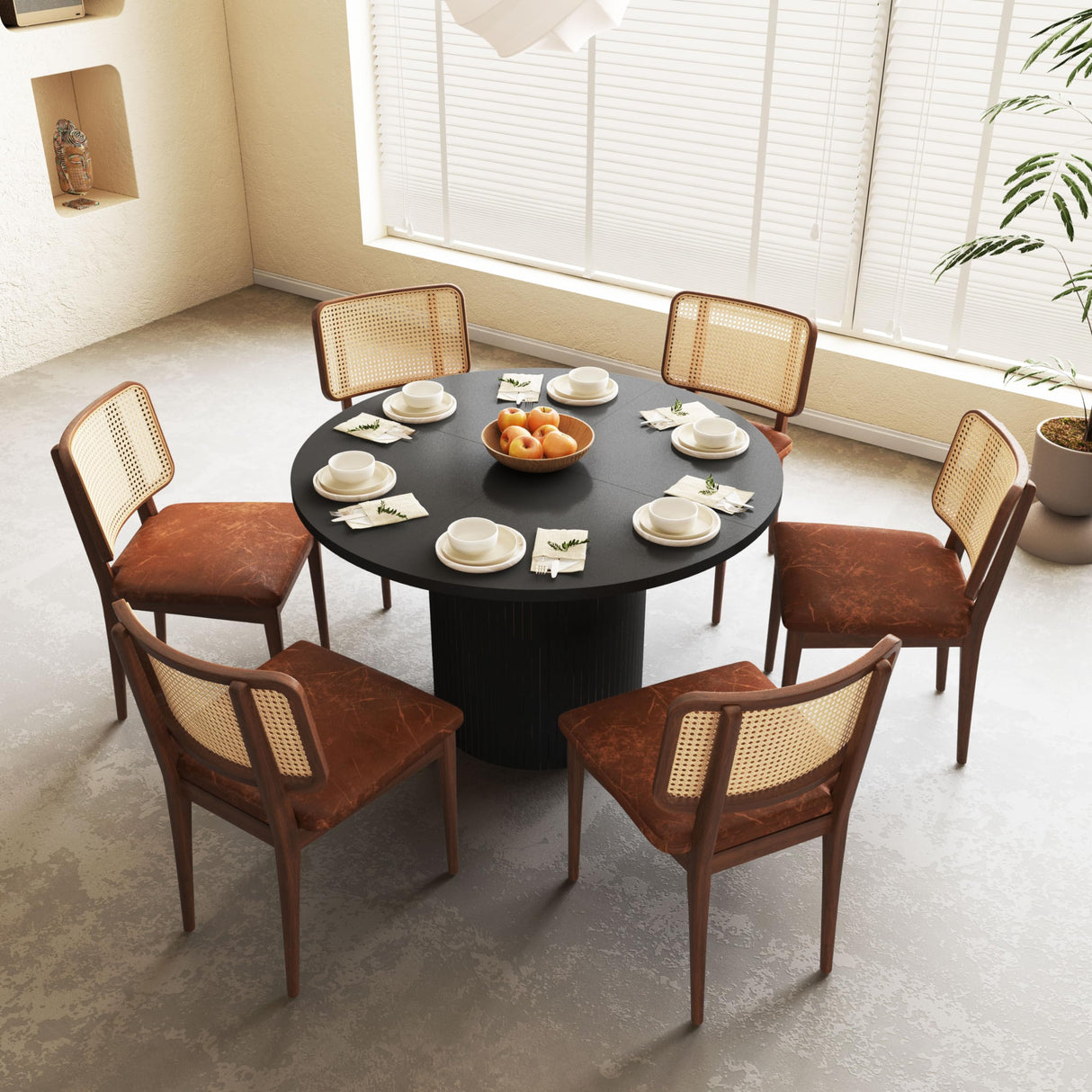 47 Inch Round Dining Table, Farmhouse Fluted Dining Kitchen Table, Modern Wood Small Circle Dining Table for Kitchen Living Room, Black PHOYAL