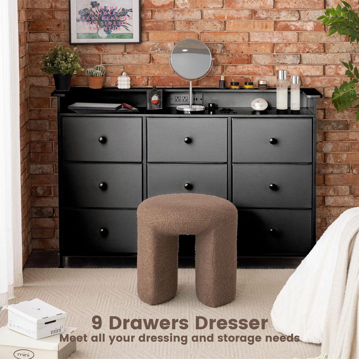 XCHAA Black Dresser with LED Lights and Power Outlet, 9 Drawers Fabric Dresser for Bedroom, Chest of Drawers for Closet, Entryway, Dressing Room, Living Room 49.6" Wide XCHAA