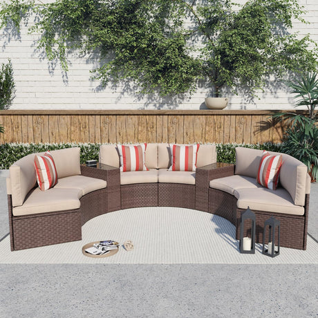 SUNSITT Outdoor Patio 8-Piece Half Moon Curved Furniture Sofa Set Brown Wicker Sectional Sofa Beige Cushions with 2 Side Table SUNSITT