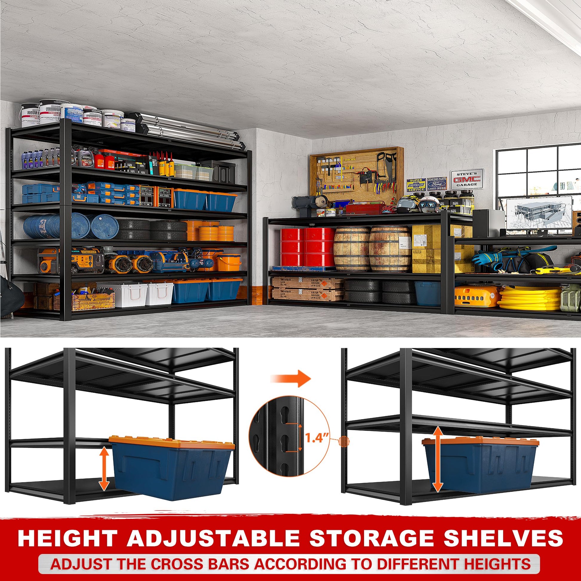 REIBII 55.1" W Storage Shelves，Garage Shelving Heavy Duty Shelving Unit Load 3500LBS, Adjustable 6-Tier Metal Shelves for Commercial Pantry Warehouse Basement 55.1" W x 25.8" D x 84.1" H - WoodArtSupply