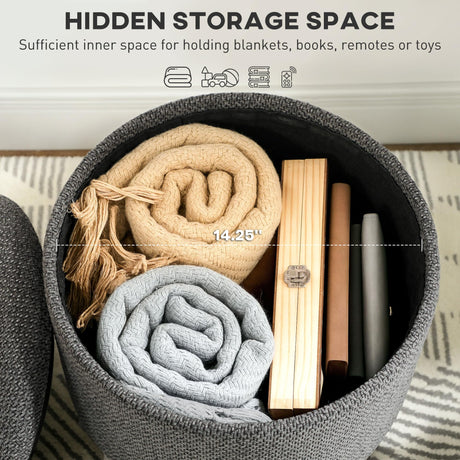 HOMCOM Round Storage Ottoman, Linen Fabric Foot Stool with Removable Top, Padded Seat, Small Foot Rest with Hidden Space and Wooden Legs for Living Room, Gray HOMCOM
