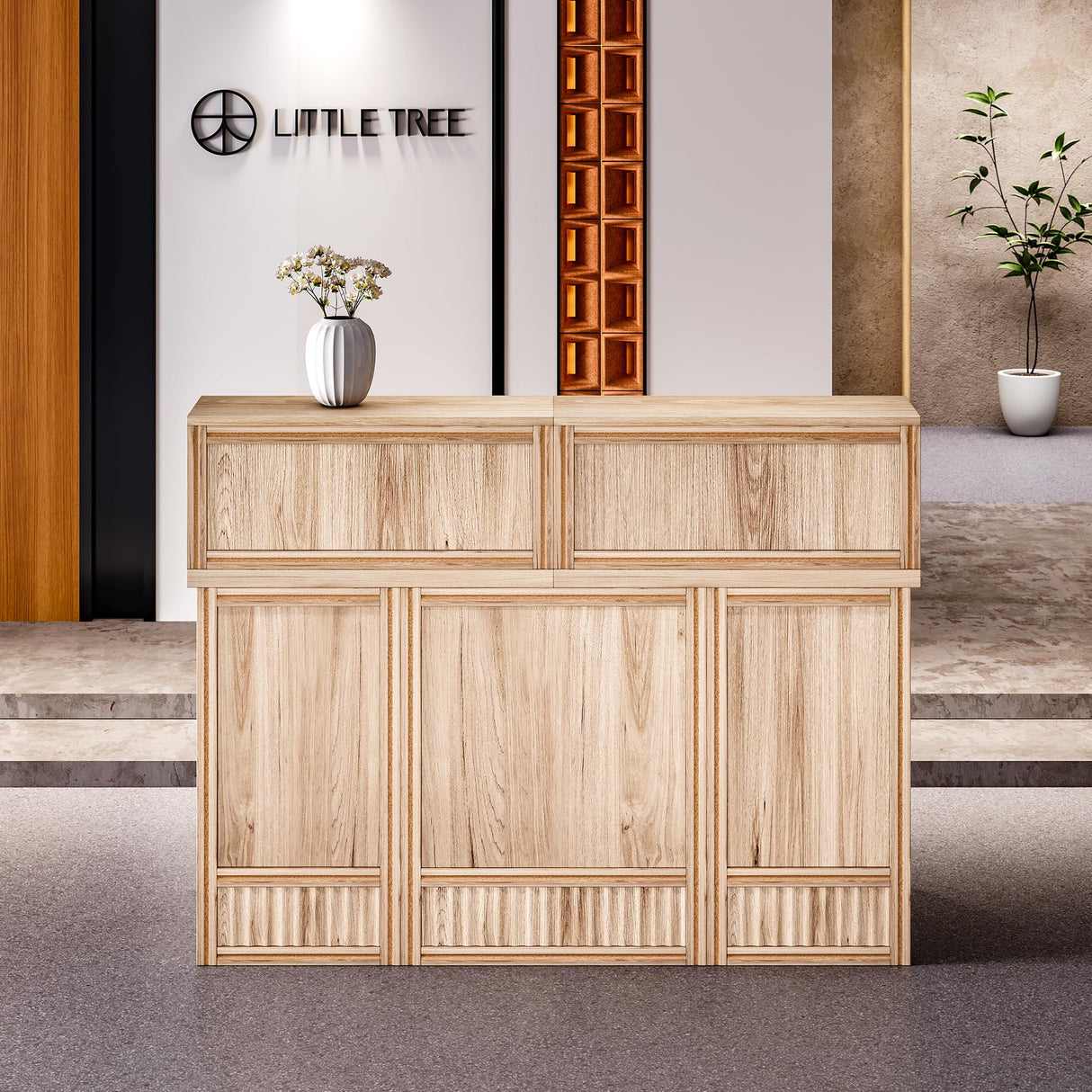 LITTLE TREE 57-Inch Reception Counter, Boho Style Front Desk, Modern Checkout Counter, Reception Desk for Retail, Lobby, Salon, Office, Oak LITTLE TREE