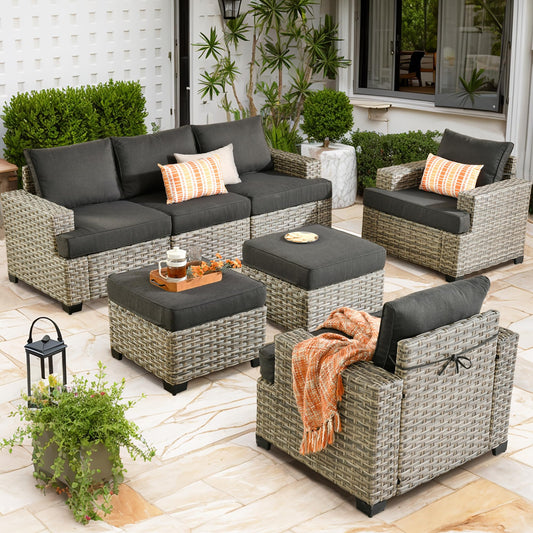 CAODOC Patio Furniture Sets 7 Pieces Outdoor Sectional Rattan Sofa Manual Weaving Wicker Patio Conversation Set with Ottomans and T Cushion(Black) - WoodArtSupply