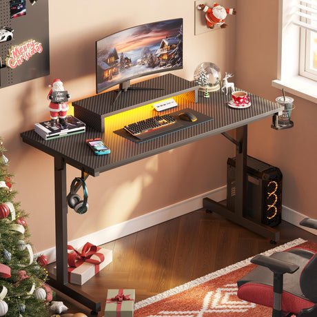 Bestier Small Gaming Desk with Monitor Stand, 42 inch LED Computer Desk, Gamer Desk with Cup Holder & Headset Hooks, Modern Simple Style Desk for Home Office PS5 Small Spaces, Carbon Fiber Black Bestier