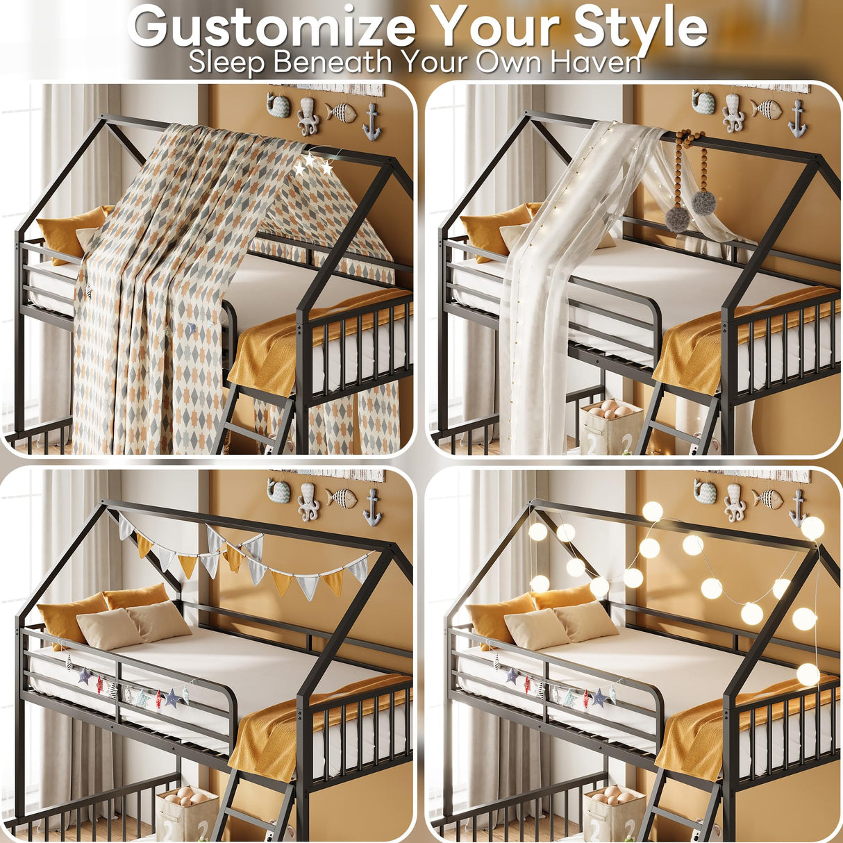 LIKIMIO Bunk Bed Twin Over Full Size, House Bunk Bed Frame with Ladder and Guardrail, House Shaped with Metal Slats Support No Box Spring Needed Space Saving for Bedroom and Dorm, Black LIKIMIO