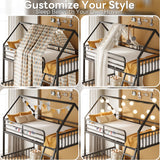 LIKIMIO Bunk Bed Twin Over Full Size, House Bunk Bed Frame with Ladder and Guardrail, House Shaped with Metal Slats Support No Box Spring Needed Space Saving for Bedroom and Dorm, Black LIKIMIO