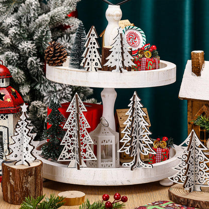 Maitys 12 Pcs Wooden Christmas Trees Tabletop Decor Wood 3D Christmas Trees Xmas Centerpieces Table Wooden Signs Farmhouse Tiered Tray Home Decor for Winter Home Office Farmhouse(Tree)