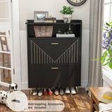 Aheaplus Shoe Cabinet with Flip Doors, Shoes Storage Organizer with Motion Sensor Led Light, Entryway Wood Freestanding Tipping Bucket Shoe Rack with Open Shelves for Closet, Living Room, Black Aheaplus