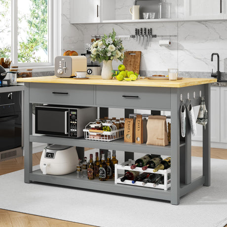 47.3" Solid Rubberwood Kitchen Island with Power Outlets - Extra Large Work Surface, 2 Drawers & Open Shelves Storage Cabinet for Kitchen Dining Room, Farmhouse Style (Grey) DynJest