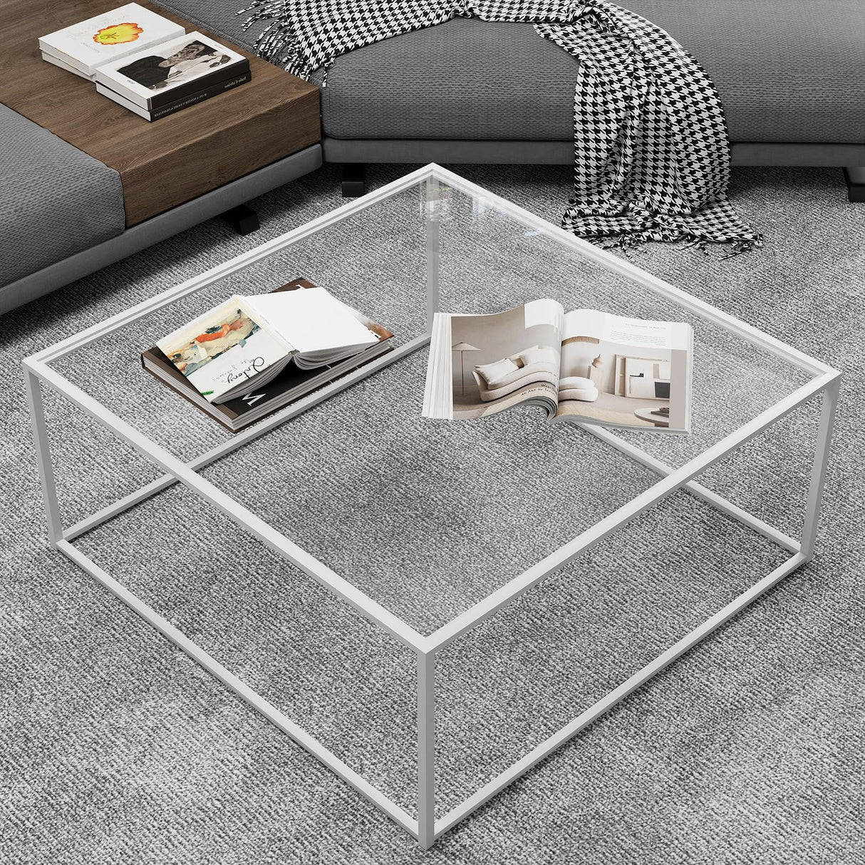 Glass Coffee Table Square Coffee Table for Small Space,Modern Minimalist Center Table for Living Room Home Office,Tempered Glass-top with Sturdy Metal Frame,Easy Assembly,27 x 27In, White Easy Paws