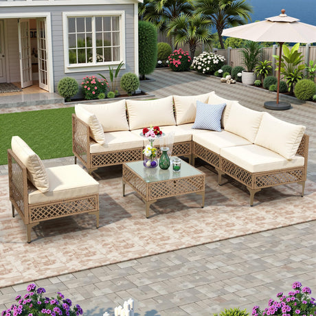 FHFO 7 Piece Outdoor Wicker Patio Furniture Set, Rattan Sectional Sofa Couch, Patio Conversation Set with Cushion & Coffee Table, for Backyard Poolside Porch Garden, Yellow/Beige FHFO