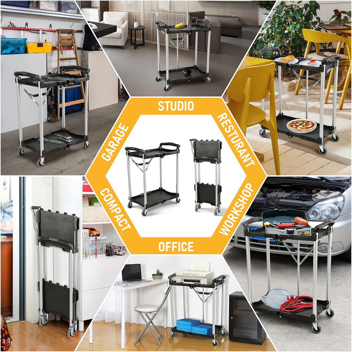 Olympia Tools 89-356 Pack-N-Roll Folding Collapsible Service Cart, Black, 50 Lb. Load Capacity per Shelf, 2-Layers Olympia Tools