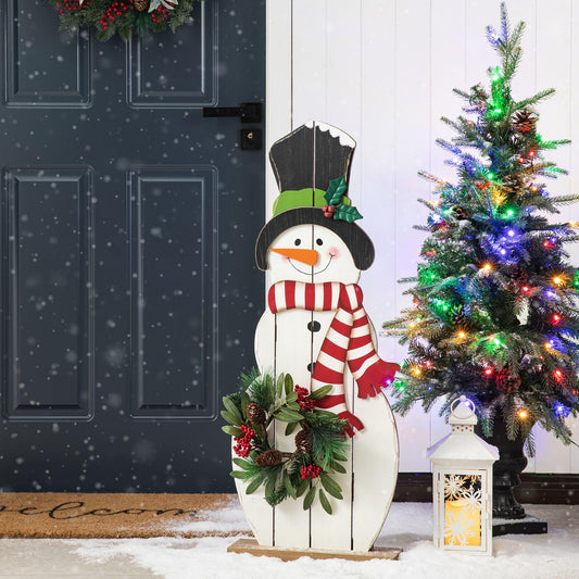 Glitzhome 36" H Wood Metal Christmas Snowman Porch Décor with Floral Wreath Standing Snowman Merry Christmas Porch Welcome Sign Holiday Party Outdoor Indoor Xmas Decorations