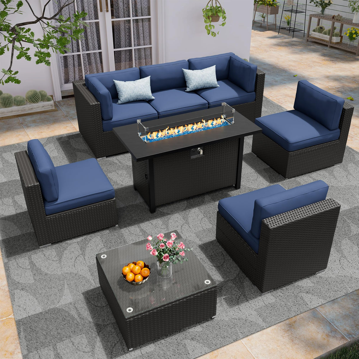 Betterland 8 Piece Outdoor Sectional Sofa Set with Fire Pit Table, Patio Furniture Set, All-Weather PE Black Wicker Patio Conversation Set with Washable Cushion and Glass Table(Dark Blue Cushions) Betterland