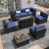 Betterland 8 Piece Outdoor Sectional Sofa Set with Fire Pit Table, Patio Furniture Set, All-Weather PE Black Wicker Patio Conversation Set with Washable Cushion and Glass Table(Dark Blue Cushions) Betterland