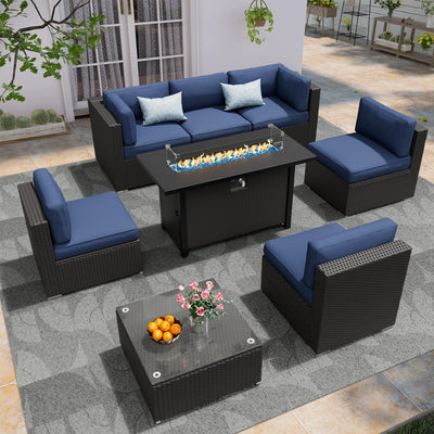 Betterland 8 Piece Outdoor Sectional Sofa Set with Fire Pit Table, Patio Furniture Set, All-Weather PE Black Wicker Patio Conversation Set with Washable Cushion and Glass Table(Dark Blue Cushions)
