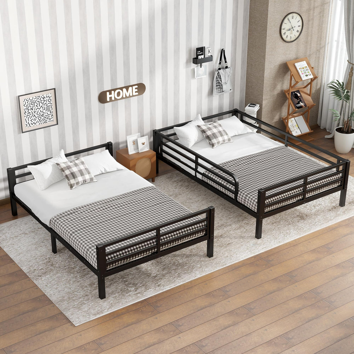 Bellemave Full XL Over Full XL Bunk Bed for Teens and Adults, Metal Bunk Bed Frame with Ladder and Guardrail No Box Spring Required Noise-Free Steel Slats Convertible bunk Bed for Adults Black Bellemave