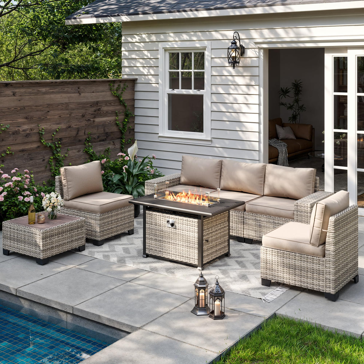 Muphyers 7-Piece Outdoor Patio Furniture Set with 55,000 BTU Fire Pit Table, PE Wicker Rattan Sectional Sofa Patio Conversation Set with Thickened Cushions & Coffee Table, Sand Muphyers