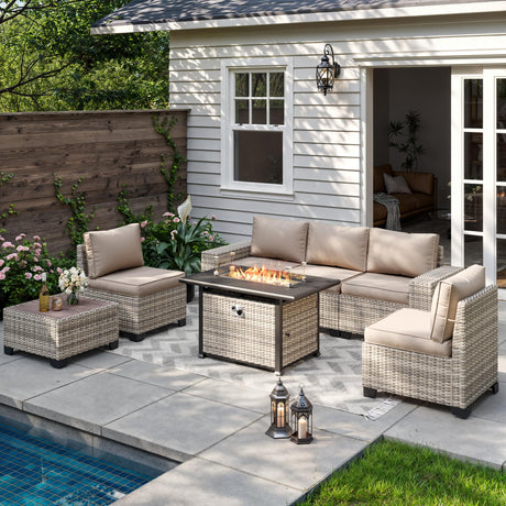 Muphyers 7-Piece Outdoor Patio Furniture Set with 55,000 BTU Fire Pit Table, PE Wicker Rattan Sectional Sofa Patio Conversation Set with Thickened Cushions & Coffee Table, Sand Muphyers