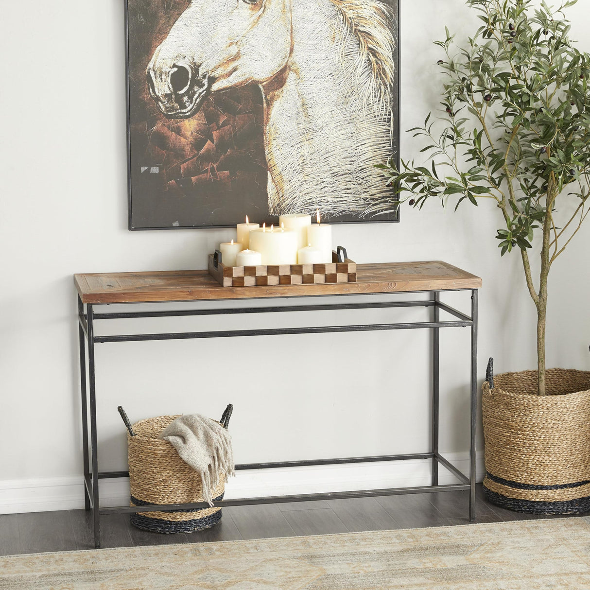 Deco 79 Metal Console Table with Brown Wood Top, 48" x 16" x 30", Black Deco 79