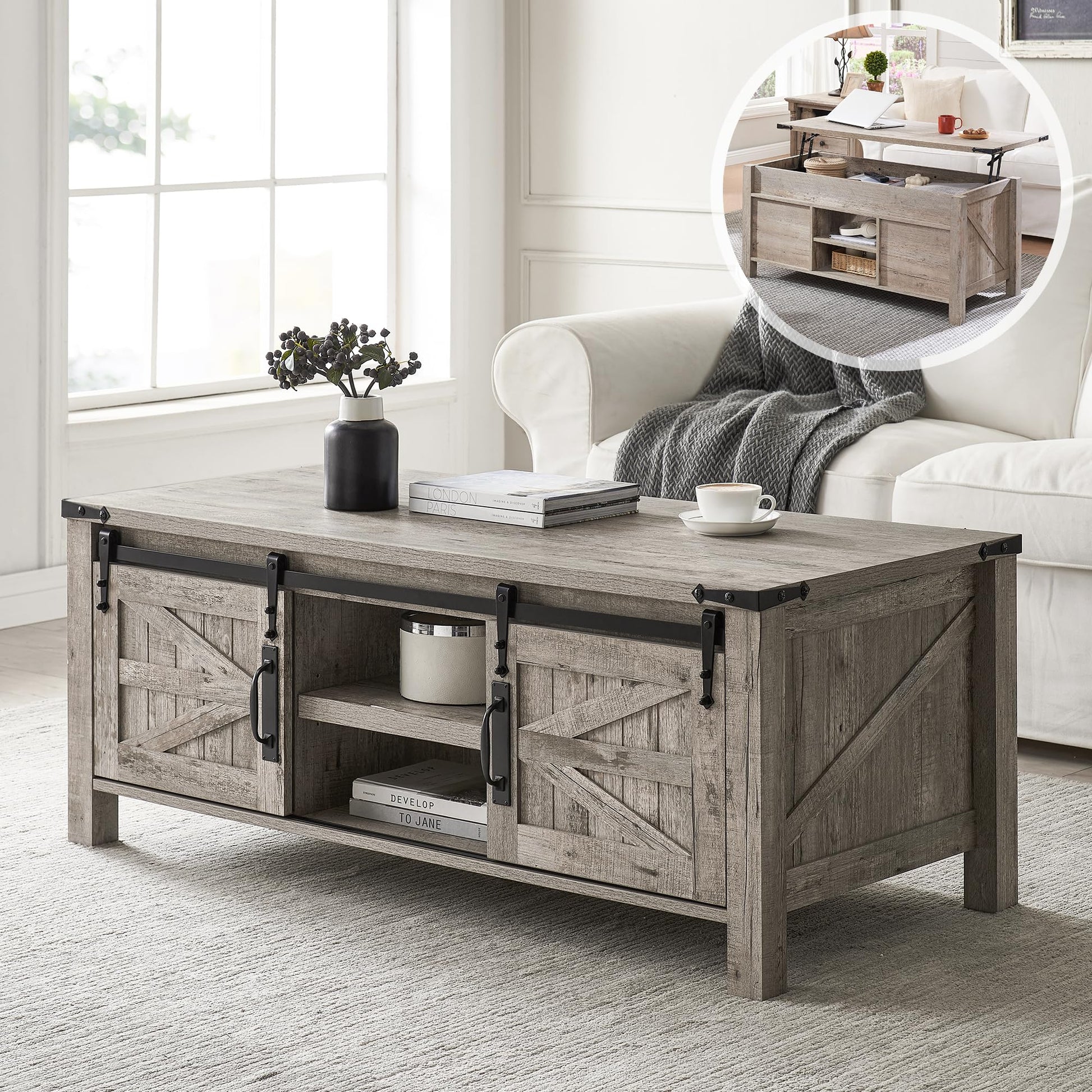 OKD 48" Farmhouse Lift Top Coffee Table with Sliding Barn Door,Rustic Center Table with Hidden Storage Compartment,Lifting Tabletop and Adjustable Shelf for Living Room,Office,Light Rustic Oa - WoodArtSupply