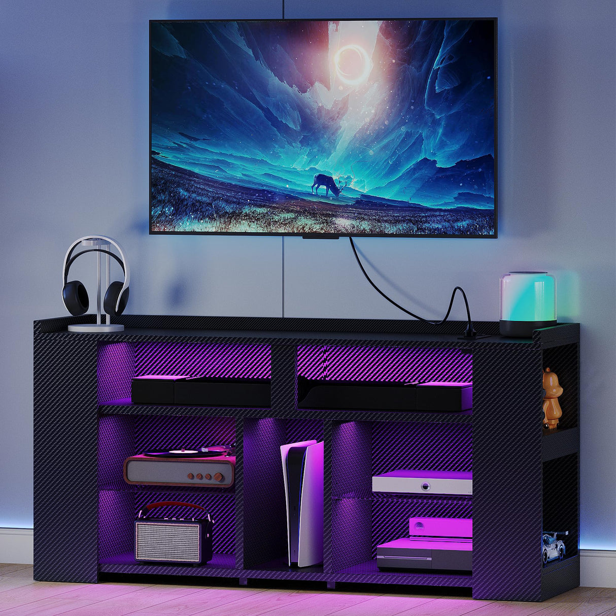 IRONCK Entertainment Center with Storage, 47 Inch Tall TV Stand W/Power Outlet, LED Gaming TV Cabinet for PS4, Black TV Stand with Carbon Fiber IRONCK