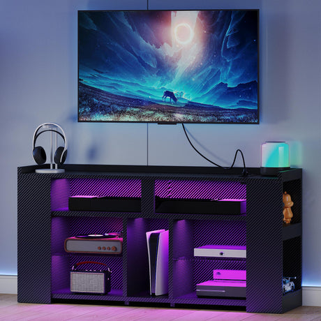 IRONCK Entertainment Center with Storage, 47 Inch Tall TV Stand W/Power Outlet, LED Gaming TV Cabinet for PS4, Black TV Stand with Carbon Fiber IRONCK