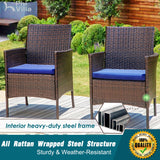 PHI VILLA 5 Piece Outdoor Dining Set with Umbrella for 4, Round Metal Steel Dining Table & Wicker Chairs with Cushions & Blue Umbrella, Modern Furniture for Patio, Deck, Yard, Porch PHI VILLA