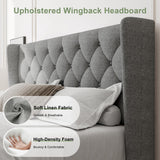 Feonase Queen Bed Frame with Upholstered Wingback Headboard, Platform Bed and Heavy Duty Wooden Slats Support, Easy Assembly, Noise-Free, No Box Spring Needed, Light Gray Feonase