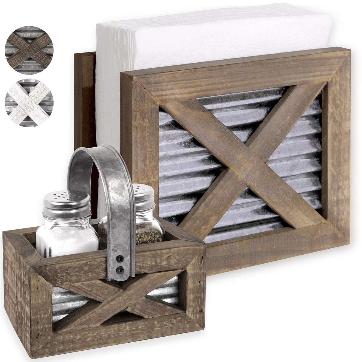 Autumn Alley Farmhouse Napkin Holder and Adorable Farmhouse Salt and Pepper Shakers Set With Wood Holder - Western Kitchen, Galvanized Metal - Upright Rustic Napkin Holder Rustic Kitchen Décor (Brown) Autumn Alley