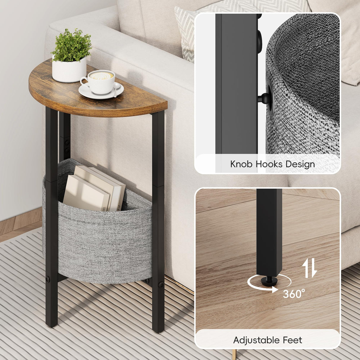 Vagusicc Small Round Side Table, Accent End Table with Storage Basket, Set of 2 Half Round Coffee Table End Table, Half Moon Bedside Table, Modern Nightstand Couch Table for Living Room Bedroom, Brown Vagusicc