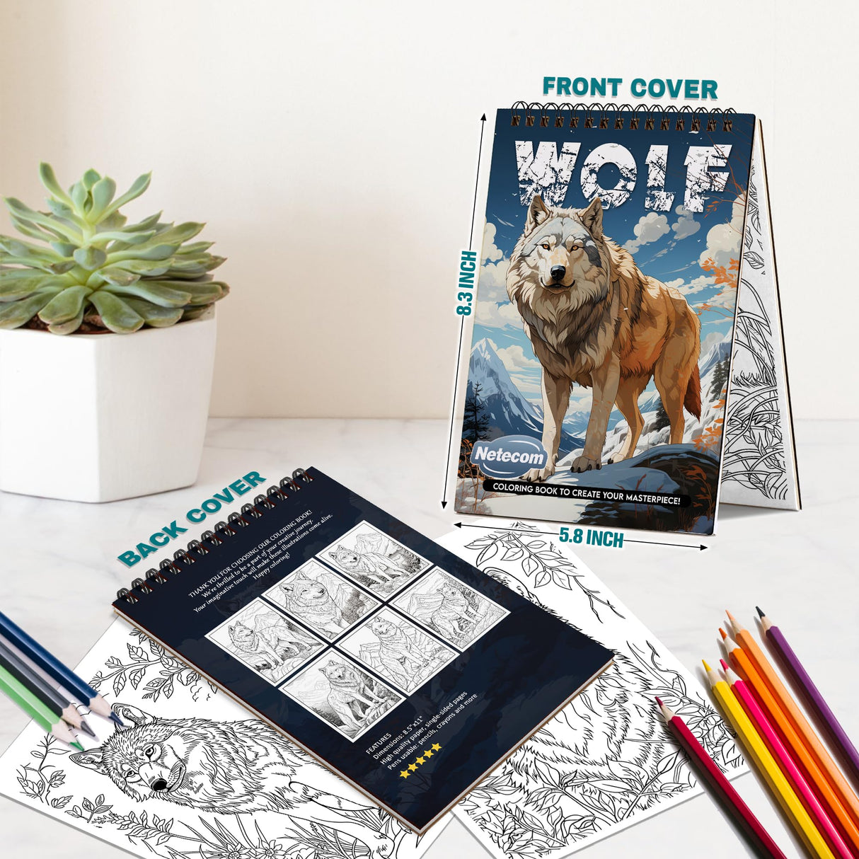 Netecom Wolf Coloring Book Spiral Bound for All Ages, A5 Wooden Cover, 30 Amazing Wolves Coloring Pages of Natural Habitats for Stress Relief and Relaxation Netecom