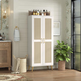 JASIWAY 57" Tall Storage Cabinet with 2 Rattan Doors, Wooden Floor Cabinet with Adjustable Shelves for Bathroom/Kitchen/Living Room, Freestanding Pantry, Metal Handle, Anti-Tipping Device, White JASIWAY
