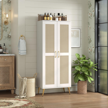 JASIWAY 57" Tall Storage Cabinet with 2 Rattan Doors, Wooden Floor Cabinet with Adjustable Shelves for Bathroom/Kitchen/Living Room, Freestanding Pantry, Metal Handle, Anti-Tipping Device, White JASIWAY