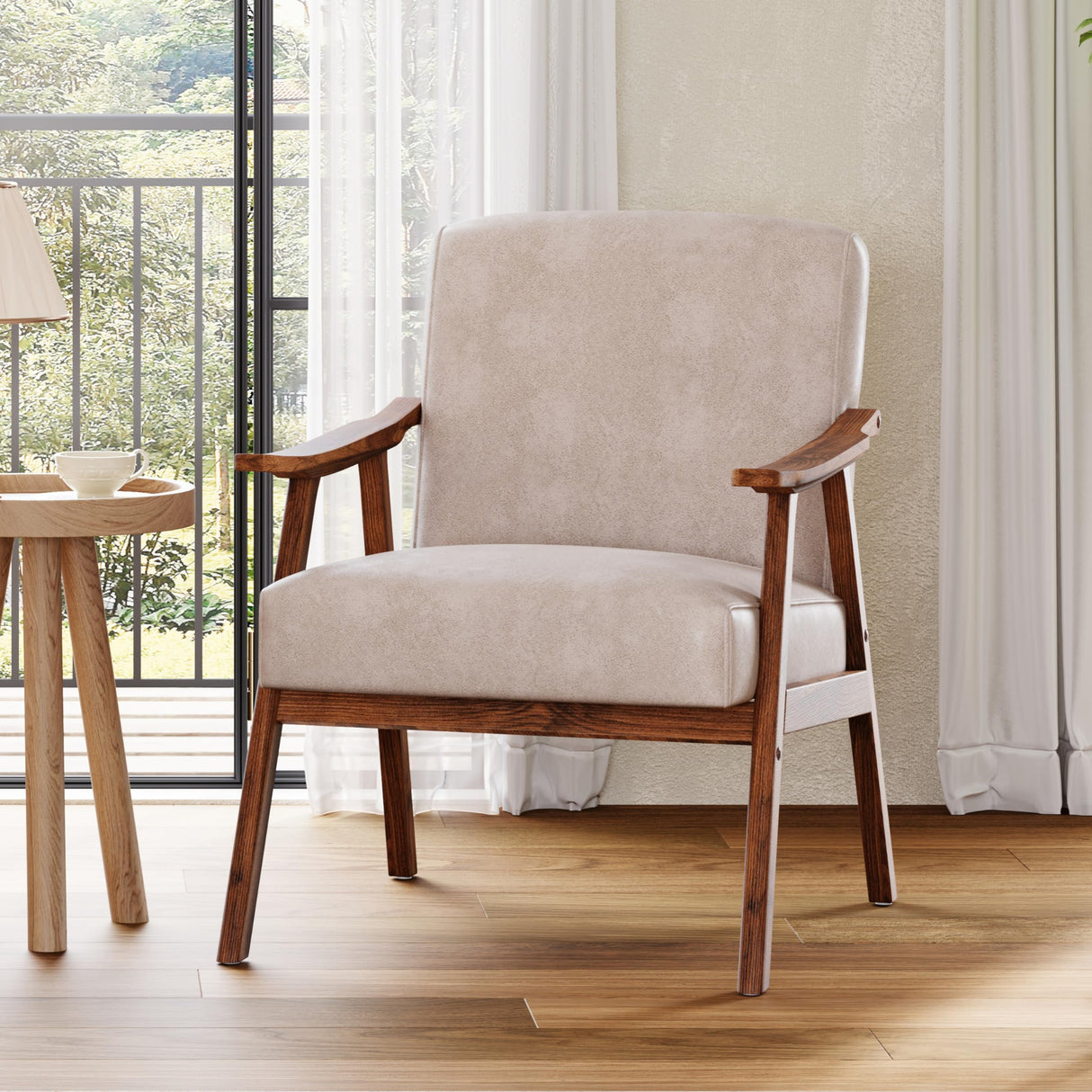 COCONINO WJ Mid Century Accent Chair, Boho Farmhouse Accent Chairs for Living Room, Retro Single Lounge Reading Armchair with Solid Wood Frame (Polyester Fabric in Light Camel) COCONINO WJ