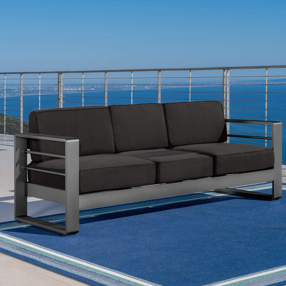 Christopher Knight Home Capecora 3-Seater Sofa with Removable Tray Table, 76.25''W Convertible Aluminum Patio Couch with Cushions, Space-Saving Outdoor Seating for Garden Backyard Balcony, Dark Gray Christopher Knight Home