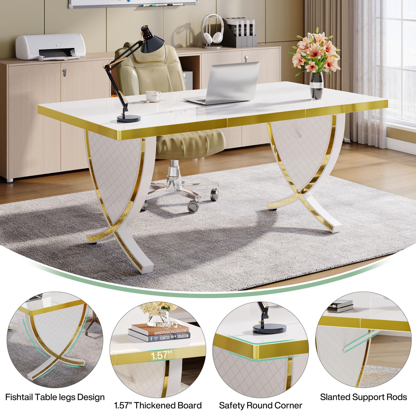 Tribesigns Luxury Modern Office Desk, White and Gold Large 63" Workstation, Elegant Executive Desk with High-Gloss Finish, Sturdy Metal Legs, Perfect for Home Office or Study