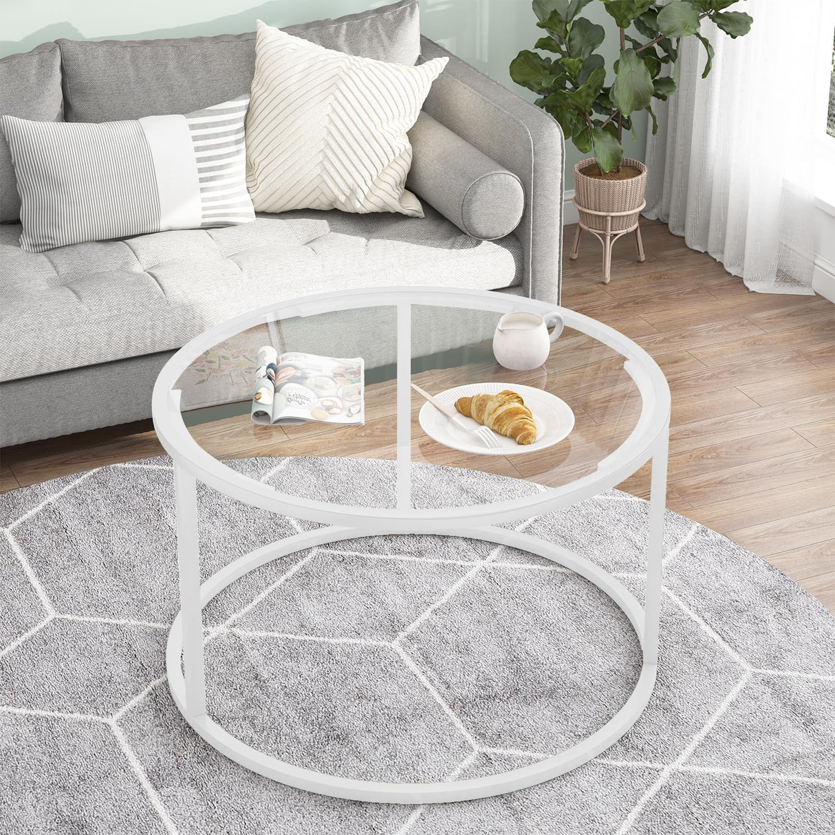 Round Glass Coffee Table for Living Room,Minimalist Modern Center Table with Metal Frame for Small Space,Easy Assembly,27 x 27In, White Easy Paws