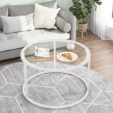 Round Glass Coffee Table for Living Room,Minimalist Modern Center Table with Metal Frame for Small Space,Easy Assembly,27 x 27In, White Easy Paws