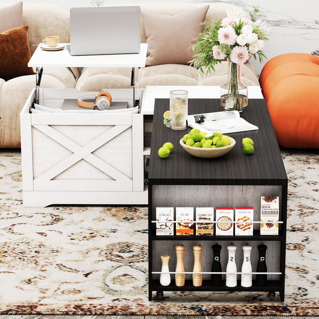 Wildhome 48" Farmhouse Lift Top Coffee Table with Charging Station,Foldable L-Shaped Cocktail Table with Hidden Storage Compartment,Lifting Tabletop and Storage Rack for Living Room,Office,White Wildhome