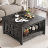 DWVO Square Coffee Tables for Living Room Farmhouse Coffee Table with Storage, 2-Tier Wood Center Table with Half Open Storage Compartment, Dark Rustic Oak DWVO