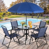 Vongrasig 6 Pieces Folding Patio Dining Set, All Weather Small Metal Outdoor Table and Chair Set, Garden Patio Furniture Set w/Umbrella, Glass Table & 4 Folding Chairs for Lawn, Backyard, Blue Vongrasig