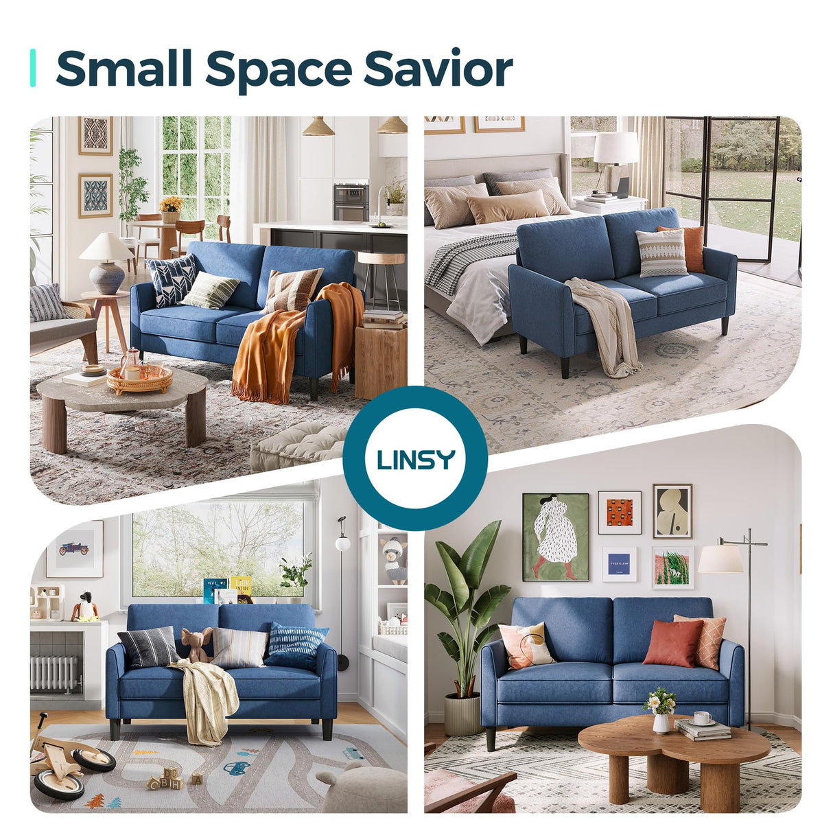 LINSY Loveseat Sofa Couch - Comfy 58" Small Loveseat for Small Spaces Modern Couches with Thick Cushion, Ergonomic Design Soft Sofa for Living Room Bedroom Apartment (Blue) LINSY