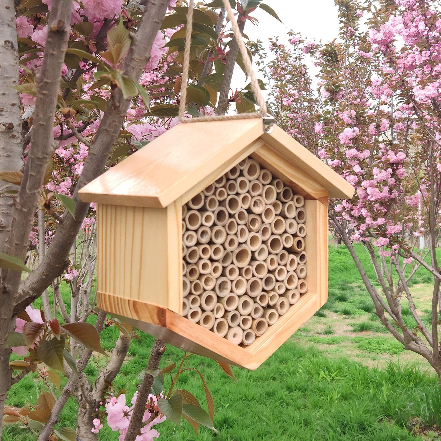 Mason Bee House Native Bee Hive Hexagon Bee House Natural Handmade Wooden Mason Bee Box Habitat Home Hotel with Bamboo Tubes -Attracts Peaceful Bee Pollinators to Enhance Your Garden's Produc - WoodArtSupply