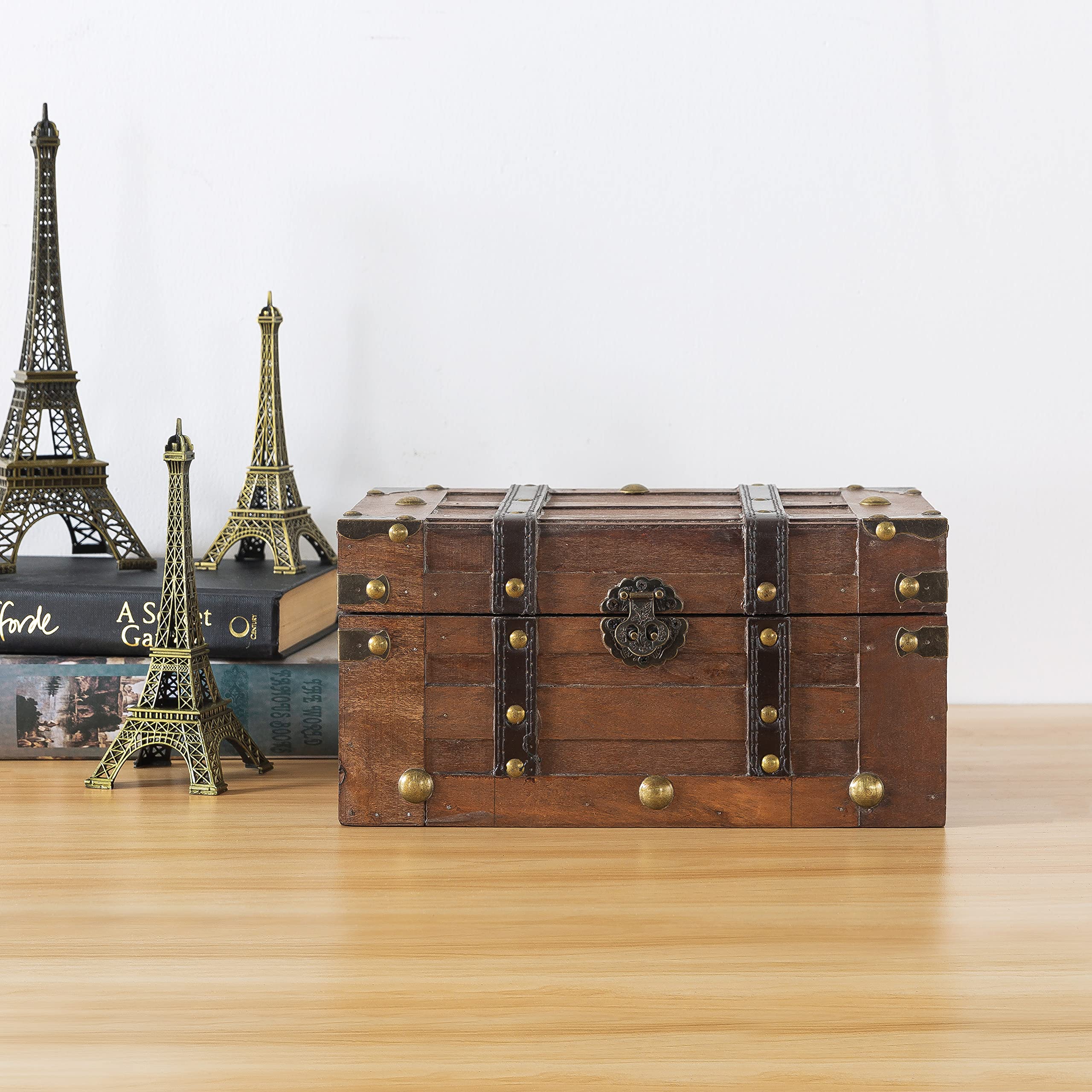 Set of 3 Wooden Treasure Chest store Boxes Vintage Antique Small Decorative Trunks