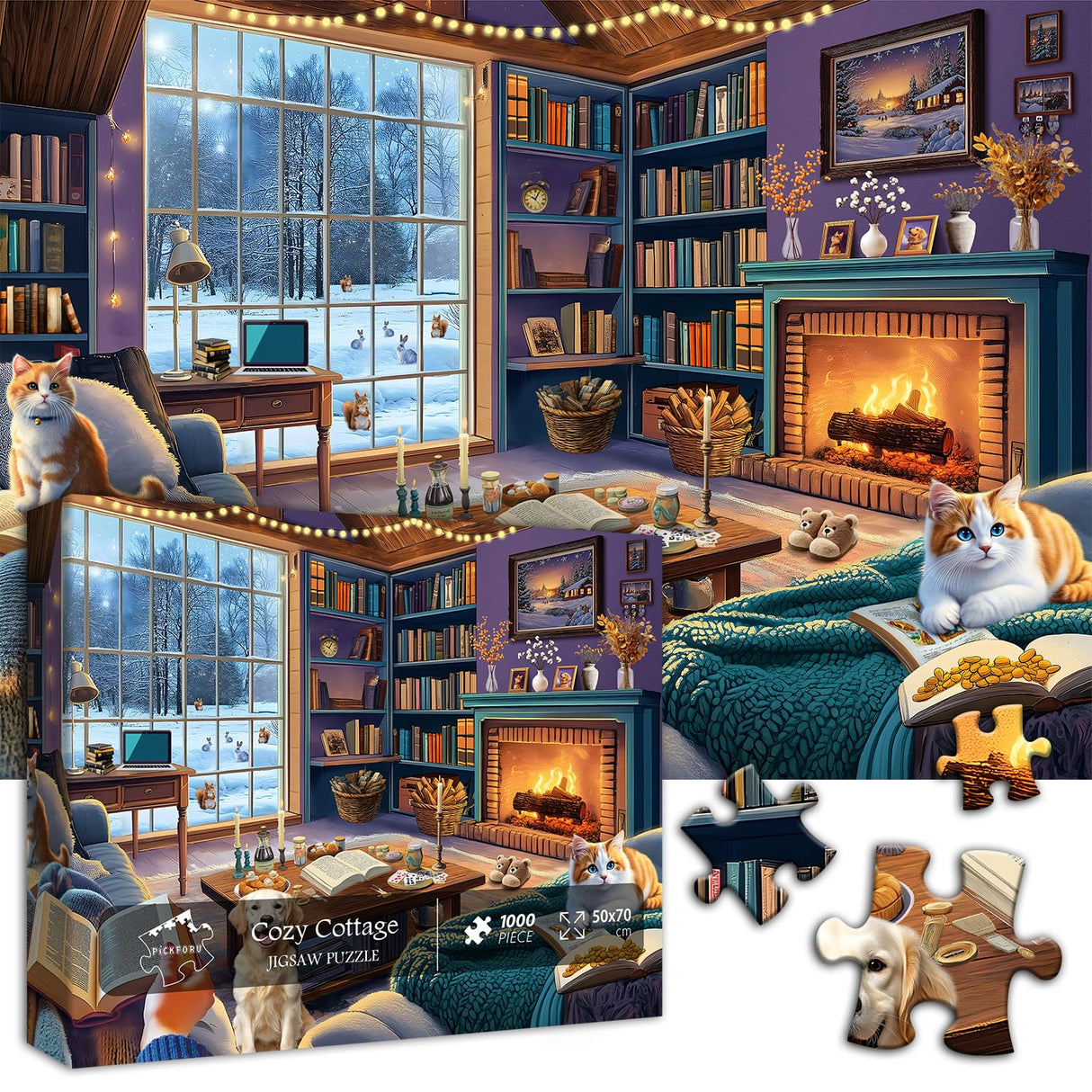 Winter Puzzles for Adults 1000 Piece, Cozy Cabin Puzzle Dog Cat Book Jigsaw Puzzle, Winter Cabin Puzzle Kittens PICKFORU