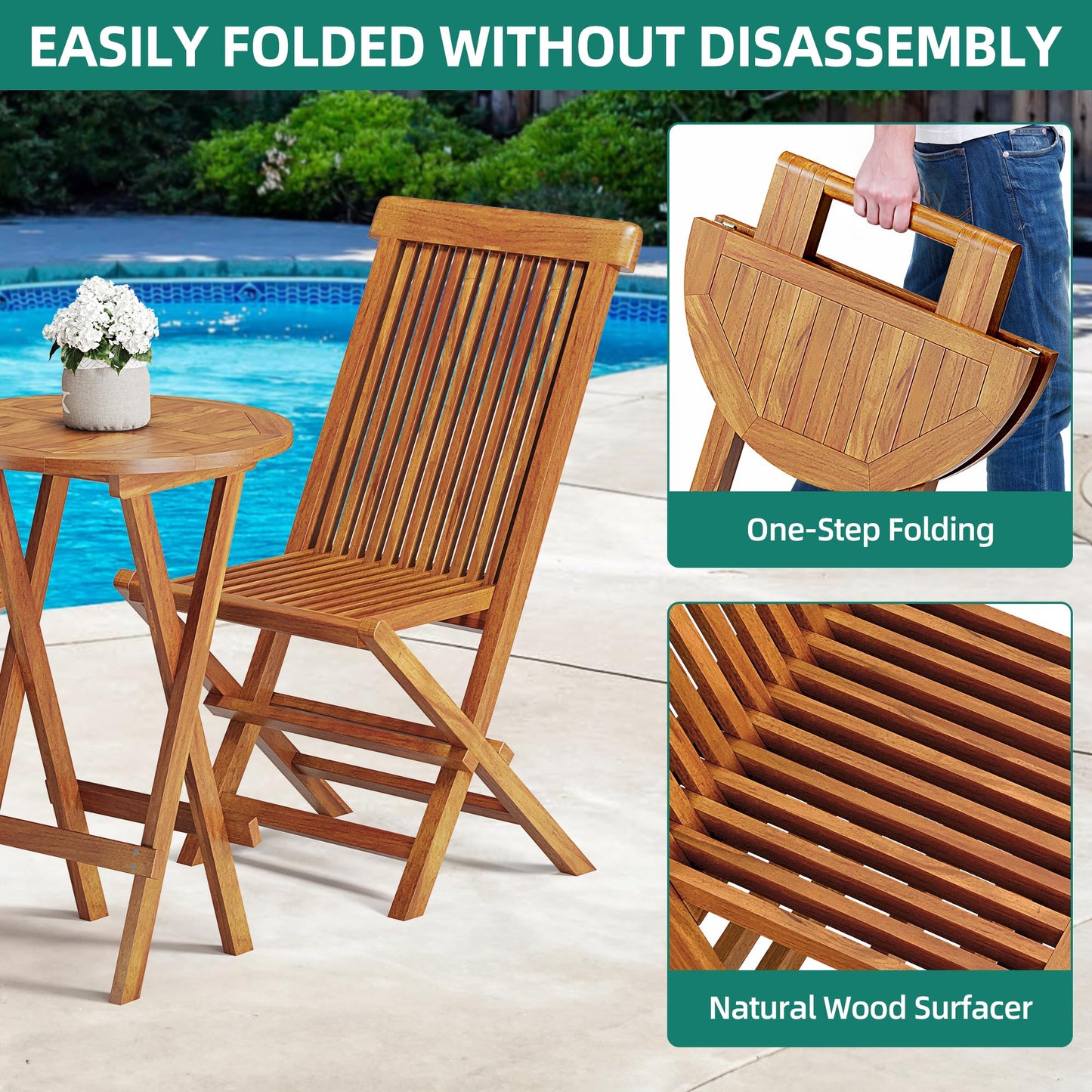 YITAHOME 3 Piece Teak Wood Patio Bistro Set with 2 Folding Chairs and Round Table, Folding Dining Table and Chairs with Metal Buckles for Backyard, Balcony, Pool, Porch, Deck - WoodArtSupply