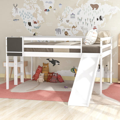 Anwickmak Full Size Loft Bed Wood Bed with Slide, Stair and Chalkboard, for Boys Girls Teens,Adults Saving Space,for Living Room Bedroom,White